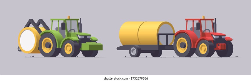 Cotton harvest set. Green & red tractors with round cotton bales. Isolated illustration