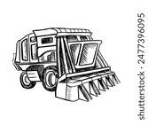Cotton harvester. Black and white vector graphic illustration drawn by hand. Detailed linear drawing of a modern cotton harvester used in agriculture for efficient harvesting.