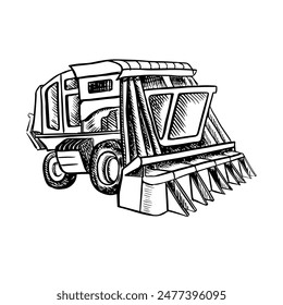 Cotton harvester. Black and white vector graphic illustration drawn by hand. Detailed linear drawing of a modern cotton harvester used in agriculture for efficient harvesting.