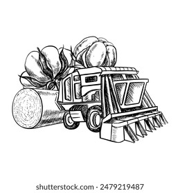 Cosechadora de algodón. Una ilustración gráfica de Vector en blanco y negro hecha a mano. Una composición estilizada de una cosechadora de algodón moderna y una cosecha de algodón. Para la agricultura y la industria textil.