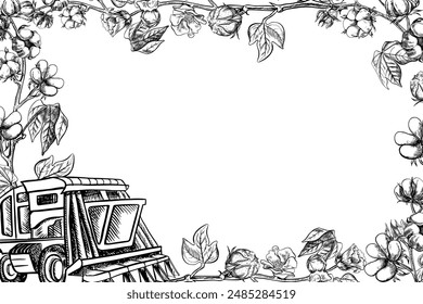Cotton harvester. A black and white vector graphic illustration made by hand. A stylized composition of a modern cotton harvester used in agriculture and cotton twigs. The design element.