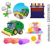 Cotton,  harvester,  picker, thread,  cloth. Natural eco organic textile, fabric. Flat icon set. Vector illustration