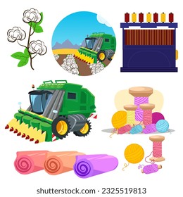 Cotton,  harvester,  picker, thread,  cloth. Natural eco organic textile, fabric. Flat icon set. Vector illustration