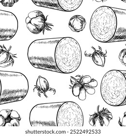 Colheitadoras de algodão. Desenho em preto e branco contínuo, ilustrações gráficas vetoriais na forma de caixas de algodão e rolos de algodão. Em um fundo branco. Para embalagens, têxteis, etiquetas e impressão.