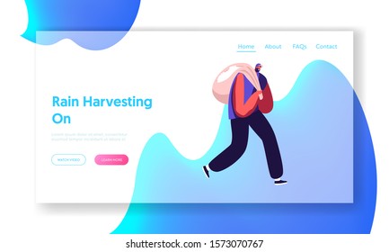 Cotton Harvesting Website Landing Page. Man Seasonal Worker Carry Sack Full of Raw Materials on Cottonfield, Textile Production Manufacture, Hard Job Web Page Banner. Cartoon Flat Vector Illustration