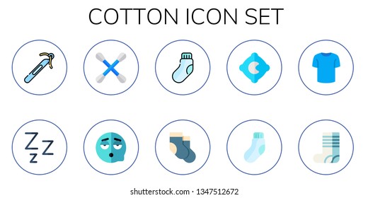 cotton icon set. 10 flat cotton icons.  Collection Of - crochet, sleep, cotton swab, sock, socks, pillow, shirt