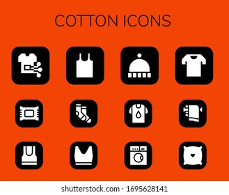 cotton icon set. 12 filled cotton icons.  Simple modern icons such as: Shirt, Makeup remover, Tank top, Socks, Beanie, Laundry, Towel, Pillow
