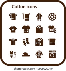 cotton icon set. 16 filled cotton icons.  Simple modern icons about  - Towel, Pijama, Bobbin, Shirt, Socks, Tampon, Baseball cap, Bathrobe, Laundry