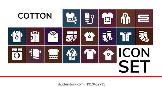 cotton icon set. 19 filled cotton icons.  Collection Of - Shirt, Laundry, Towel, Bathrobe, Socks, Tampon, Hoodie