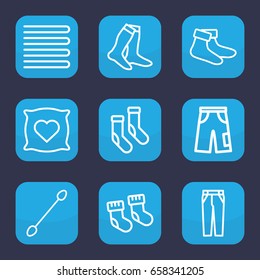Cotton icon. set of 9 outline cotton icons such as baby socks, towels, pillow with heart on it, cotton buds, socks