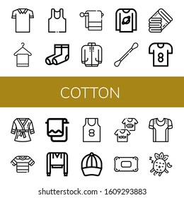 cotton icon set. Collection of Polo shirt, Towel, Undershirt, Socks, Long sleeve, T shirt, Cotton swabs, Towels, Bathrobe, Shirt, Sweatshirt, Tank top, Baseball cap, Shirts icons