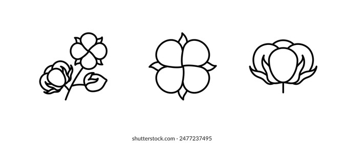 Cotton icon set. Diversity cotton flowers - flower head, branch, top view, side view. Blooming flowers and buds. Minimalist illustration