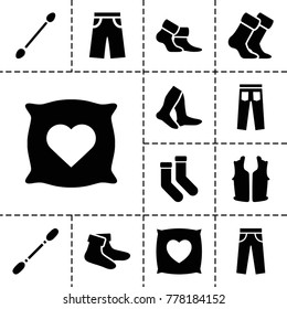 Cotton icons. set of 13 editable filled cotton icons such as pillow with heart on it, cotton buds, socks, pants