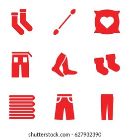 Cotton icons set. set of 9 cotton filled icons such as baby socks, towels, pillow with heart on it, cotton buds, socks