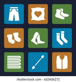 Cotton icons set. set of 9 cotton filled icons such as baby socks, towels, pillow with heart on it, cotton buds, socks, sleeveless shirt