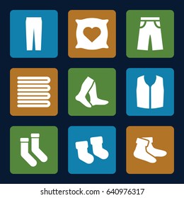 Cotton icons set. set of 9 cotton filled icons such as baby socks, towels, pillow with heart on it, socks, sleeveless shirt