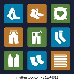 Cotton icons set. set of 9 cotton filled icons such as baby socks, towels, pillow with heart on it, socks, sleeveless shirt