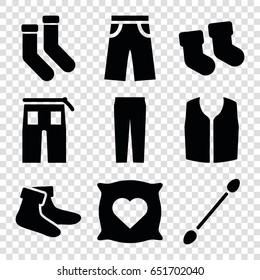 Cotton icons set. set of 9 cotton filled icons such as baby socks, pillow with heart on it, cotton buds, socks, sleeveless shirt