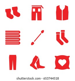 Cotton icons set. set of 9 cotton filled icons such as baby socks, towels, pillow with heart on it, cotton buds, socks, sleeveless shirt