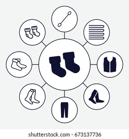 Cotton icons set. set of 9 cotton filled and outline icons such as baby socks, socks, sleeveless shirt, pants, towels