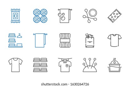 cotton icons set. Collection of cotton with laundry, cushion, shirt, towels, tote bag, wool, towel, beach towel, cotton swab, wool balls, makeup remover wipes. Editable and scalable icons.