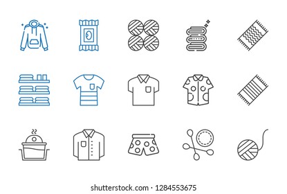 cotton icons set. Collection of cotton with wool ball, cotton swab, pants, shirt, laundry, beach towel, towels, towel, wool balls, makeup remover wipes. Editable and scalable cotton icons.