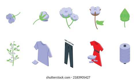 Cotton icons set isometric vector. Fabric flower. Soft bud