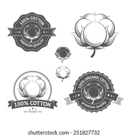 Cotton icons set. Cotton labels, stickers and emblems. Certified of 100% cotton isolated, ideal for cotton products such a clothes and materials