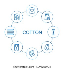 cotton icons. Trendy 8 cotton icons. Contain icons such as pillow with heart on it, socks, pants, sleeveless shirt, towels. cotton icon for web and mobile.