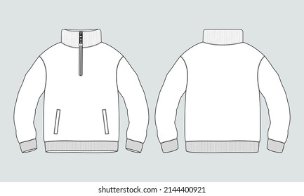 Cotton jersey fleece jacket Sweatshirt technical fashion Flat sketch Vector illustration template Front and back views. Flat apparel Sweater Jacket mock up Isolated on grey background.
