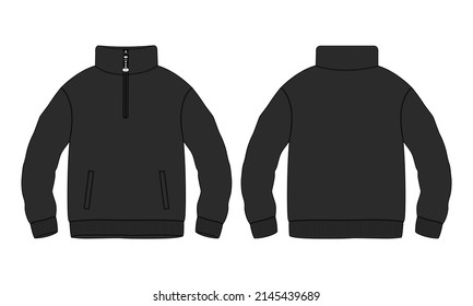 Cotton jersey fleece jacket Sweatshirt technical fashion Flat sketch Vector illustration Black Color template Front and back views. Flat apparel Sweater Jacket mock up Isolated on White background.