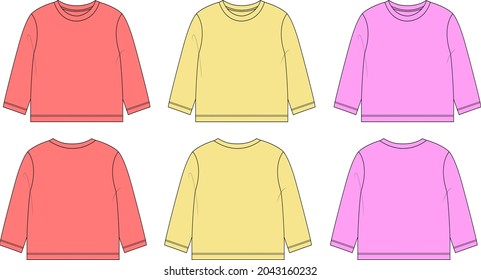 Camiseta de manga larga camiseta de algodón para los niños. Plantilla de ilustración vectorial de boceto plano de moda técnica.  Conjunto multicolor de colección morado, amarillo, color rosado Dibujo de ropa Maqueta arriba.