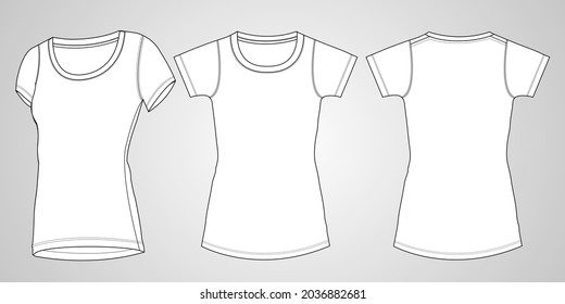 Cotton jersey Shorts sleeve t shirt tops for ladies. Technical fashion flat sketch vector illustration template. Regular slim fit round neckline mock up Front, back and 3D views. Women, unisex CAD.