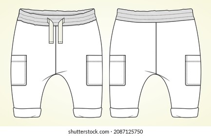 Pantalones jersey de algodón con boceto plano de bolsillo de diseño técnico modelo de dibujo Vector de dibujo plantilla para niños. Ropa de ropa de ropa Maqueta Cad Fácil edición y personalizable.