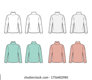 Cotton jersey top technical fashion illustration set with turtleneck, oversized body long sleeves flat. Apparel template front back white and trendy color. Women men unisex garment mockup for designer