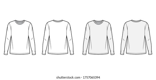 Cotton jersey top technical fashion illustration set with crew neck, oversized body long sleeves flat. Apparel template front back white and grey color. Women, men unisex garment mockup for designer