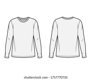 Ilustración de moda técnica de la camiseta de algodón con cuello de la tripulación, longitud túnica de mangas largas del cuerpo sobredimensionadas planas. Plantilla de ropa delantera, de color gris oscuro. Mujeres, hombres unisex prenda de burla para diseñadores