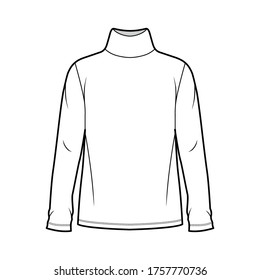 Cotton jersey top technical fashion illustration with turtleneck, tunic length oversized body long sleeves flat. Apparel template front, white color. Women and men unisex garment mockup for designer.