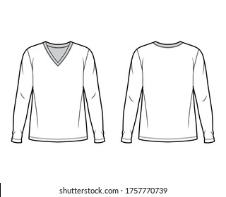 Cotton jersey top technical fashion illustration with V neck, tunic length oversized body long sleeves flat. Apparel template front back white color. Women, men unisex garment mockup for designer