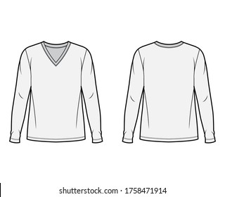 Cotton jersey top technical fashion illustration with V neck, tunic length oversized body long sleeves flat. Apparel template front, back grey color. Women, men unisex garment mockup for designer