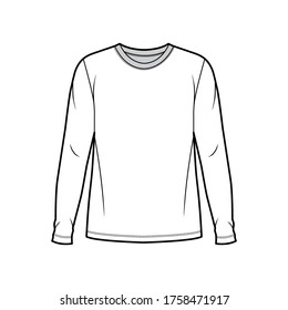 Ilustración de moda técnica de la camiseta de algodón con cuello de la tripulación, longitud túnica de mangas largas del cuerpo sobredimensionadas planas. Delantero de la plantilla de ropa, color blanco. Mujeres y hombres unisex ropa se burlan de la diseñadora.