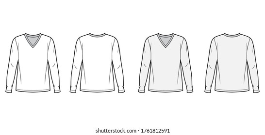 Cotton jersey top technical fashion illustration set with V neck, oversized body long sleeves flat. Apparel template front back white and grey color. Women, men unisex garment mockup for designer