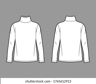 Cotton jersey top technical fashion illustration with turtleneck, tunic length oversized body long sleeves flat. Apparel template front back white color. Women, men unisex garment mockup for designer