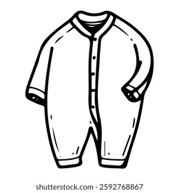 Cotton jumpsuit for baby. Hand drawn doodle. Newborn clothes. Fabric item. Little child's wardrobe. Childhood. Vector line art illustration.