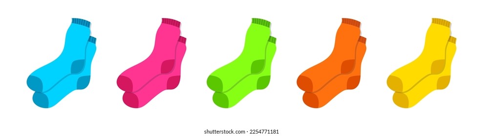 Cotton kid socks. High casual pair socking. Baby people clothing. Family fashion. Home footwear. Isolated bright foot garments. Warm woolen accessories. Vector design current collection
