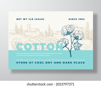 Cotton Label Template. Abstract Vector Packaging Design Layout. Modern Typography Banner with Hand Drawn Plant Branch with Flowers and Rural Landscape Background. Isolated.