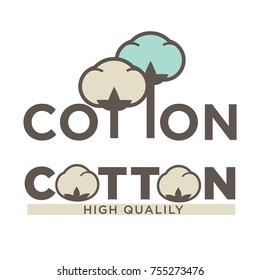 Cotton labels or logo for pure 100 percent natural cotton textile tag. Vector isolated icon for clothing label or eco fabric design template of leaf, flower and thread in needle