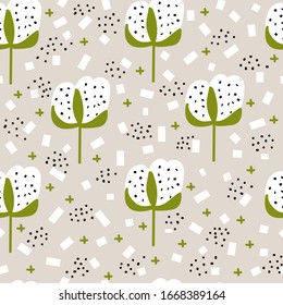 cotton with leaves background vector seamless pattern