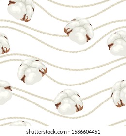 Cotton light ropes and cotton balls isolated on white background. Natural Jute Twine String seamless pattern. Vector illustration of eco-friendly material in cartoon simple flat style.