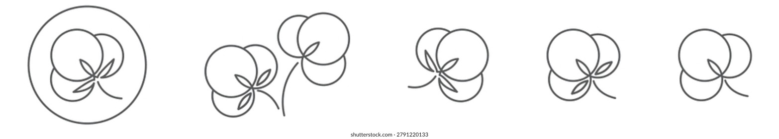 Cotton line icon set isolated on transparent background with editable stroke. Collection of cotton flower symbols in minimal outline style. Clean vector icons for textile, fabric, organic products